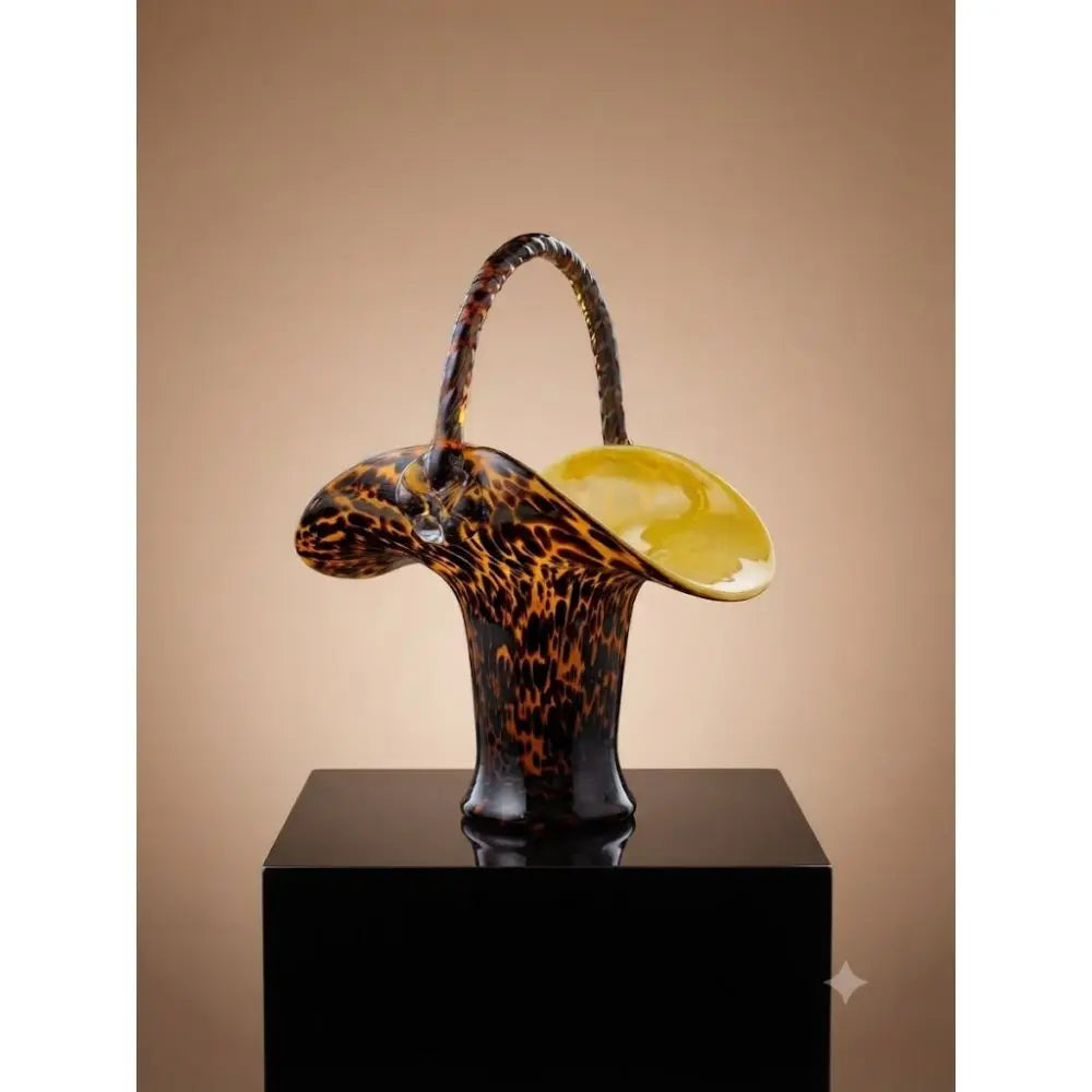 Vintage Murano-Style Art Glass: Hand-Blown Amber Leopard Pattern Basket